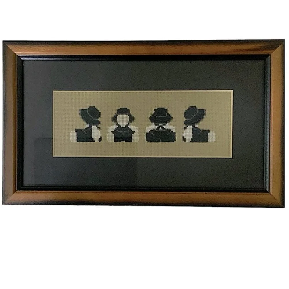 Amish Wall Decor Vintage Needlepoint Traditional Dressed Farmhouse Black White